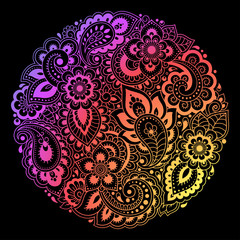 Colorful floral pattern for Mehndi and Henna drawing. Hand-draw ornament. Decoration in ethnic oriental, Indian style. Rainbow design on black background.