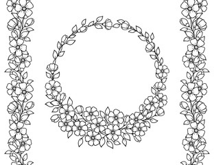 Seamless pattern of mehndi flower and border for Henna drawing and tattoo. Decorative doodle ornament in ethnic oriental, Indian style. Outline hand draw vector illustration. Frame of Sakura branches.