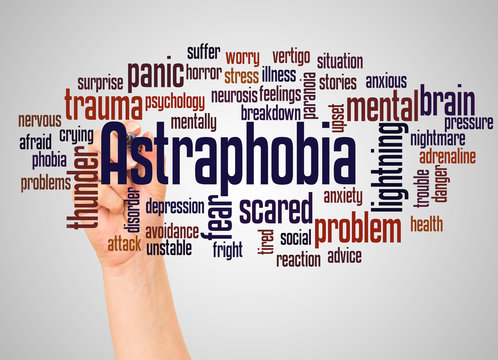 Astraphobia fear of thunder and lightning word cloud and hand with marker concept