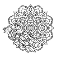 Circular pattern in form of mandala with flower for Henna, Mehndi, tattoo, decoration. Decorative ornament in ethnic oriental style. Outline doodle hand draw vector illustration.