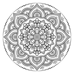 Circular pattern in form of mandala with flower for Henna, Mehndi, tattoo, decoration. Decorative ornament in ethnic oriental style. Outline doodle hand draw vector illustration.