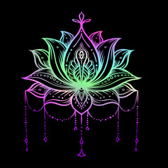 Ornate Lotus flower. Ayurveda symbol of harmony and balance and universe. Tattoo design, yoga logo. Boho print, poster, t-shirt textile. Isolated outline vector illustration in neon colors.