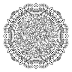 Circular pattern in form of mandala with flower for Henna, Mehndi, tattoo, decoration. Decorative ornament in ethnic oriental style. Outline doodle hand draw vector illustration.