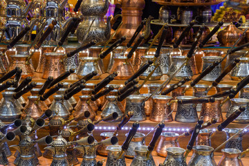 Turkish delight cups, pots, tea kettle. Local traditional handicraft tea and coffee pots and cups