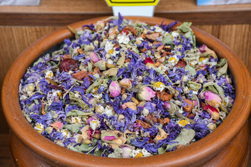 Assorted tea and spices specialties in Istanbul Turkey, Grand Bazaar