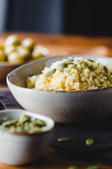 Bulgur with pepitas, healthy nutrition easy recipe from long-stored food.