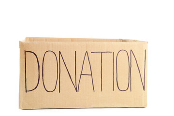 Empty cardboard donation box isolated on white background