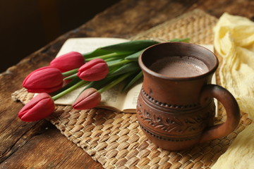 cocoa book flowers, tulips with a book, cocoa
