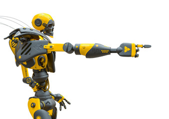 skull bot is pointing the way in a white background side view