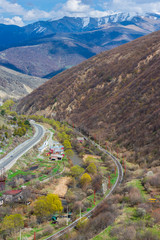 Amazing landscape with Pambak river, road and railway, Armenia.