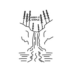 Vintage keep it simple camp logo design. Outdoor adventure waterfall line art scene, hiking landscape. Silhouette linear concept. Stock vector insignia