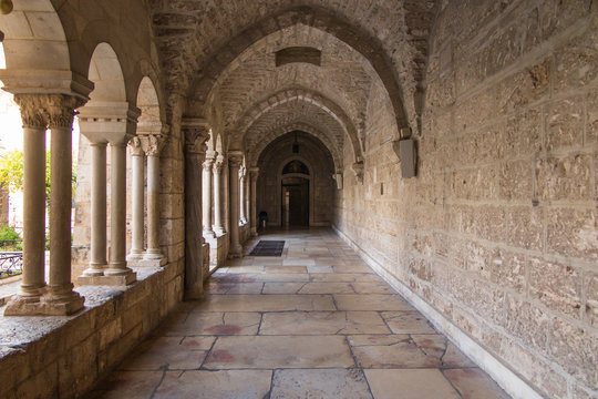 BETHLEHEM, Palestine - January 28, 2020: The gothic corridor of atrium at St. Catharine church