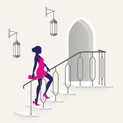 Vector beautiful young woman goes up the stairs with a railing. Exotic doors and hanging paws