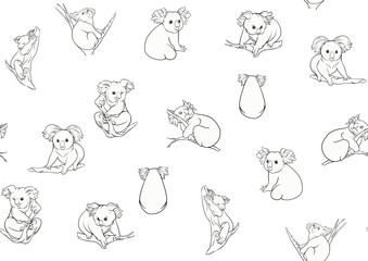 Koala bear seamless pattern. Outline hand drawing vector illustration.