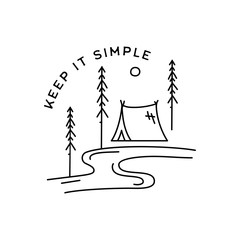 Vintage keep it simple logo design. Outdoor adventure line art scene, hiking landscape. Forest label with tent, Silhouette concept. Stock vector badge