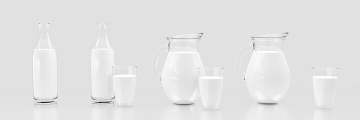 Obraz na płótnie Canvas Fresh milk in clear bottles and clear jars. Overview Milk glass collection On a white background and reflections on the floor. 3D Rendering