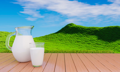 Fresh milk in clear glass and milk jug placed on the slatted floor. Bright green grasslands with hills, bright skies, white clouds in the morning. 3D Rendering
