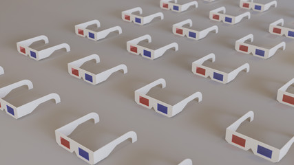 Paper 3d glasses on gray background 3D illustration. Concept of watching cinema.
