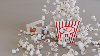 Popping popcorn and 3D glasses on white background 3D rendered illustration.