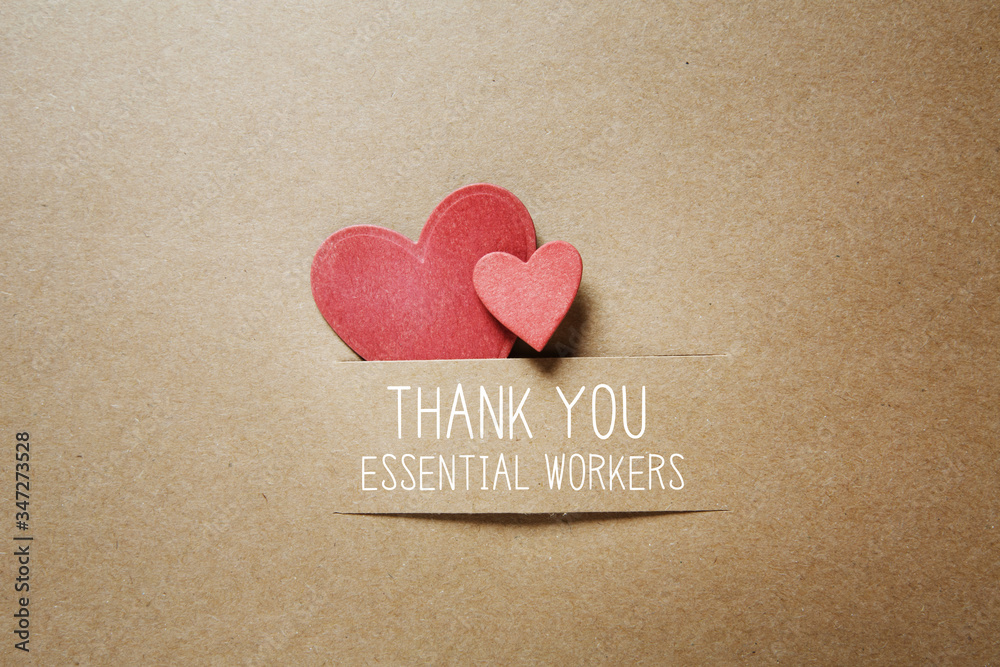 Wall mural thank you essential workers message with handmade small paper hearts - Wall murals