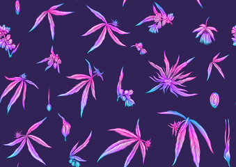Hemp, Cannabis pattern, background. Vector illustration in botanical style in neon fluorescent colors