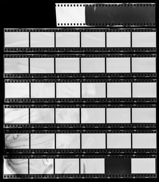 Seven long and empty 35mm filmstrips on black background.