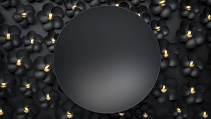 3d render of black round plate on black flowers. Perfect mockup for placing your text. Black and golden colours. Copy space background
