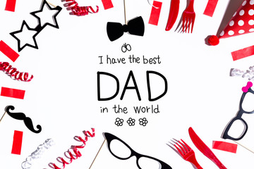 Father's Day message with party decorations on a white background