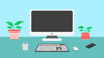 Concept home workplace, remote work from home. Vector illustration of a workspace, on the table a computer, coffee, smartphone, flowers. On a blue background.