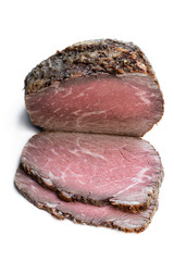 Cold roasted tenderloin beef isolated on white background