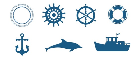 Set of various maritime elements, such as steering wheels, life preserver, anchor, dolphin, tugboat. Nautical icons isolated on white.