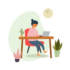 Girl sitting at the table working on the laptop. Cartoon vector illustration, flat style. Work at home concept. design for card, print, poster, cover.