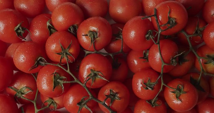 fresh juicy ripe tomatoes on a branch lie on the counter of a market store