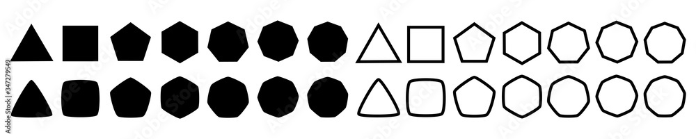 Poster set of geometric shapes, polygons with various number of sides: triangle, quadrangle, pentagon, hexa