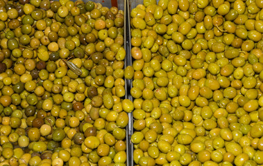 Turkish olives different mix for sale in Grand Bazaar, Egyptian outdoor market. Fresh produce