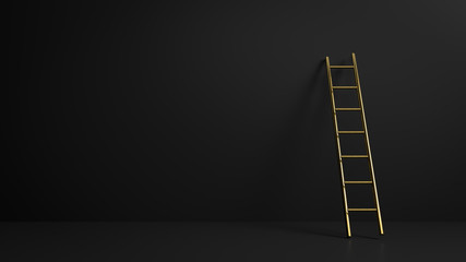 3d render of golden stepladder in black dark interior. Perfect illustration for placing your text or object. Backdrop with copyspace in minimalistic style
