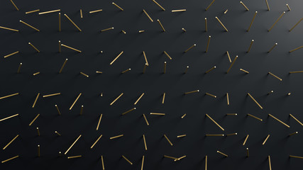 3d render of golden spikes or rods on black paper background. Perfect illustration for placing your text or object. Backdrop with copyspace in minimalistic style. Minimalist background