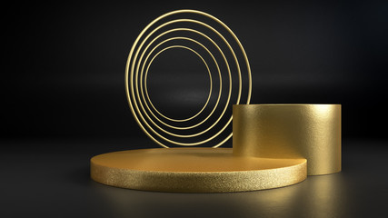 3d render of golden round stage, pedestal or podium on black background. Perfect illustration for placing your product of object on podium. Abstract minimalist backdrop or mockup