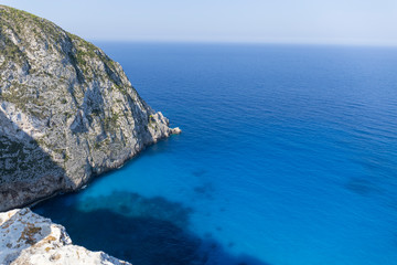 aerial view of the sea from a cliff, the sea has a deep blue color, Zakynthos island, Greece