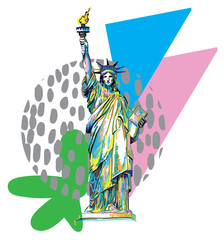 Statue of Liberty. Stylish multi-colored drawing with markers, pop art. America's famous place, symbol.