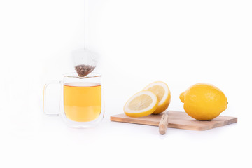 view of a cup of hot tea with teabag