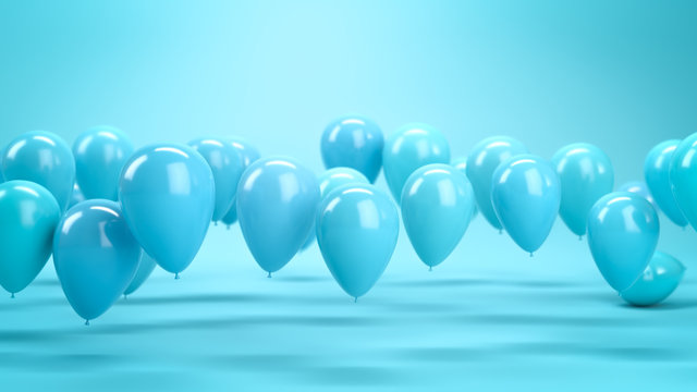 Lots of blue air balloons flying in blue studio. OCncept of happiness and celebrations. 3d render in minimalist style and pastel colours