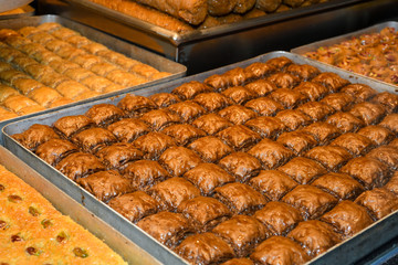 Traditional baklava sweet dessert delights, cataif pastry. Fresh Food Buffet Brunch