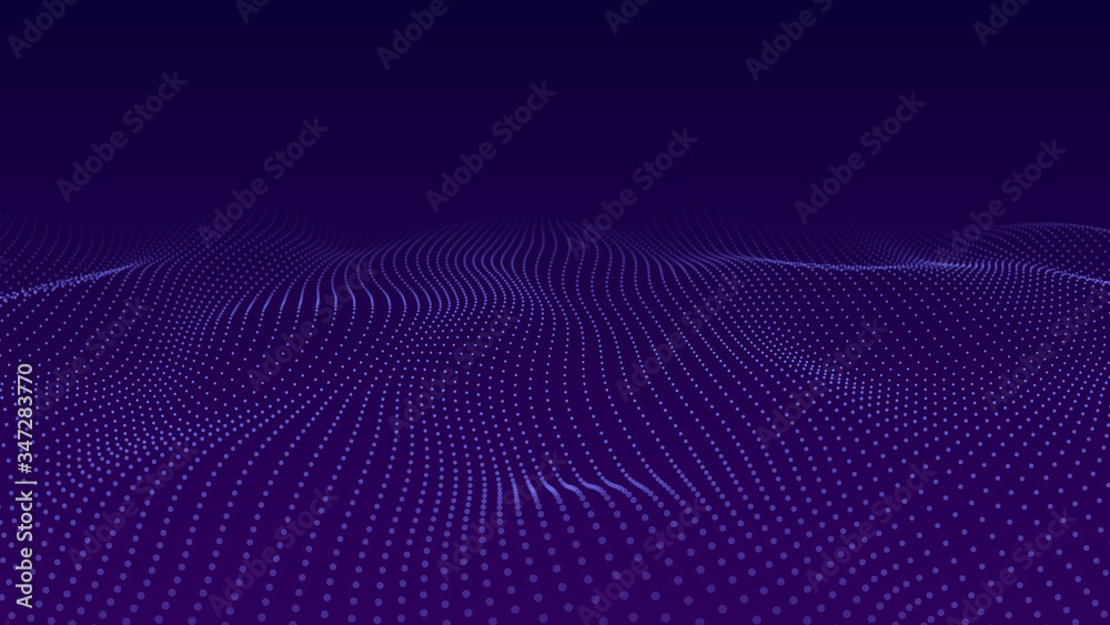 Poster Abstract background of moving particles. Futuristic dotted 3D wave. Big data. Vector illustration.