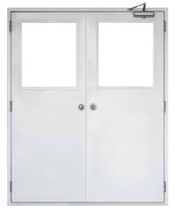 Metal door with square window isolated on white background, real empty interior frame of factory entrance