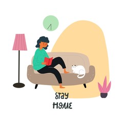 Girl is reading a book on a sofa. Cartoon vector illustration, flat style. Stay Home people concept. design for card, print, poster, cover.