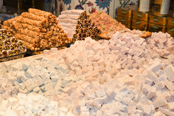 Traditional baklava sweet dessert delights, cataif pastry. Fresh Food Buffet Brunch