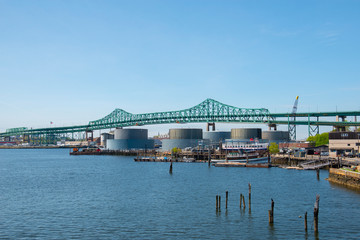 Obraz premium Maurice J. Tobin Memorial Bridge aka Tobin Bridge is a cantilever truss bridge spans on Mystic River between Boston and Chelsea in Massachusetts MA, USA. 
