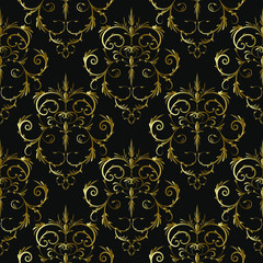 Seamless damask pattern of gold color on black background. Vector.