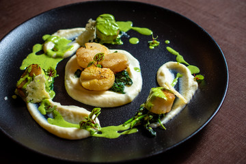 Scallops with potato purée and green sauce